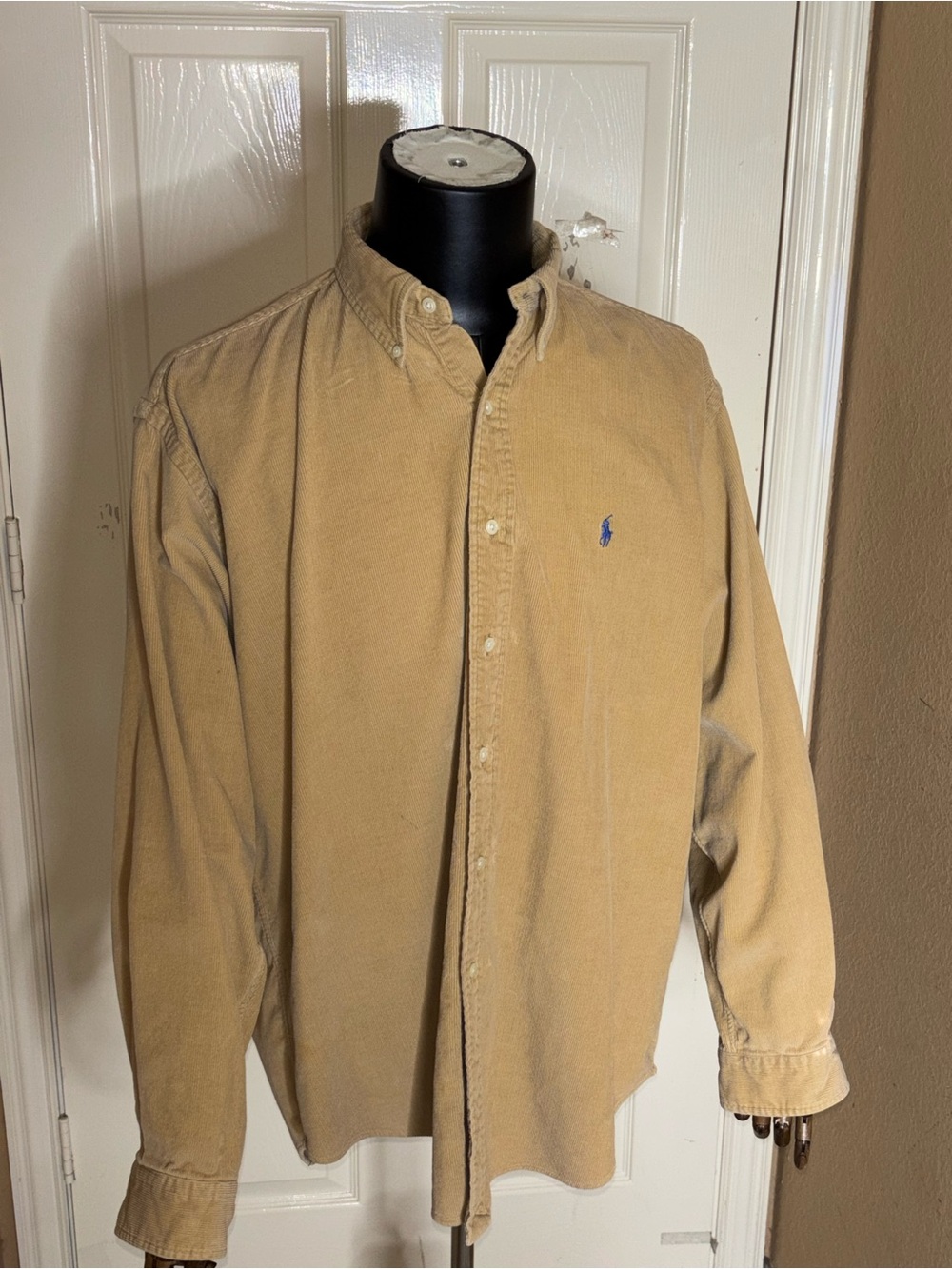 -Men's Polo Ralph Lauren Button Long Sleeve Corduroy Beige Shirt Size Large